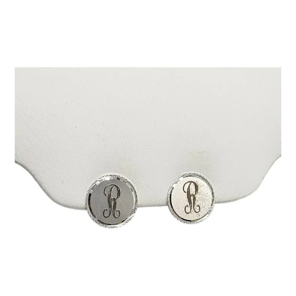 Wells Sterling Engraved "R" Initialed Clip On Earrings Vintage Diamond Cut Bevel